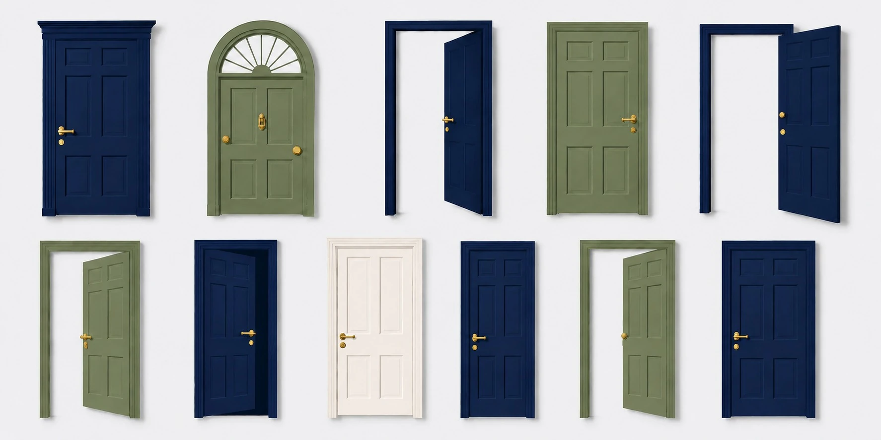 Maymont Homes move-in guide hero illustration showing a grid of stylized front doors in navy, sage green, and cream with gold hardware, designed to represent home access and move-in day.