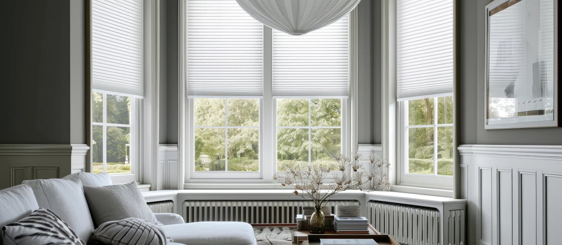 Bright living room with bay windows, white pleated shades, neutral sofa, and wainscoted walls